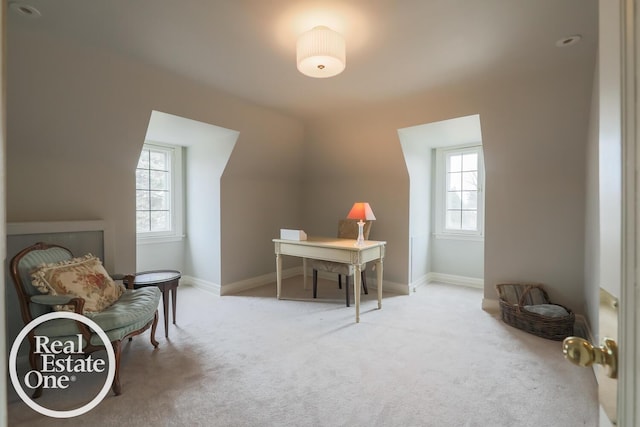 office area featuring carpet floors, a healthy amount of sunlight, and baseboards