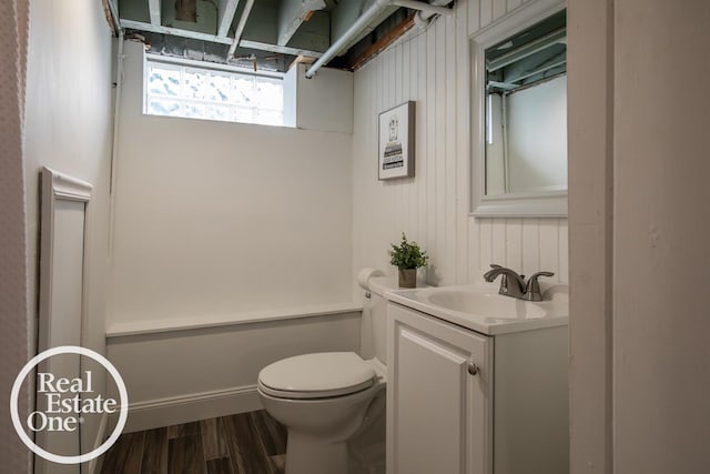 bathroom featuring vanity, toilet, and wood finished floors