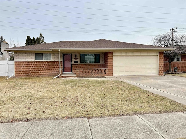 single story home with brick siding, roof with shingles, concrete driveway, an attached garage, and a front lawn