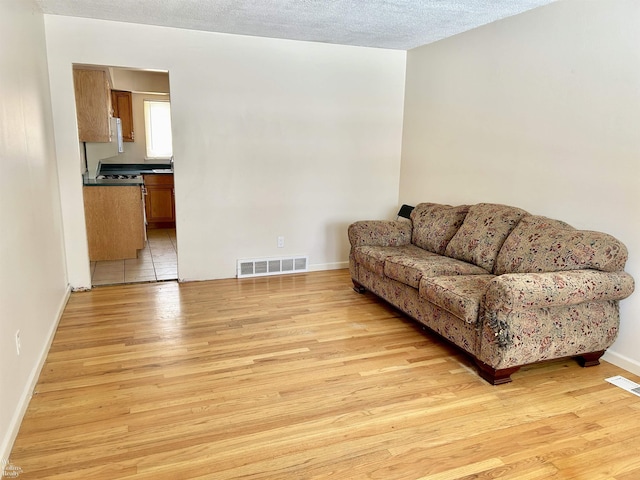 living area with light wood finished floors, visible vents, and a textured ceiling