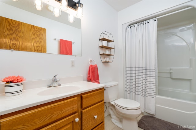 bathroom with vanity, toilet, and shower / bathtub combination with curtain