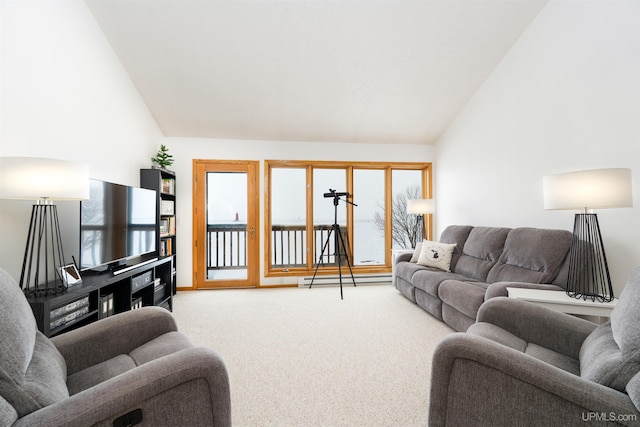 living room featuring high vaulted ceiling and carpet