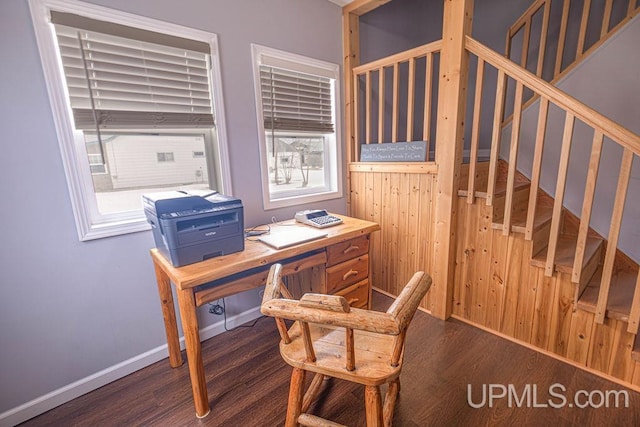 office featuring dark wood-style flooring and baseboards