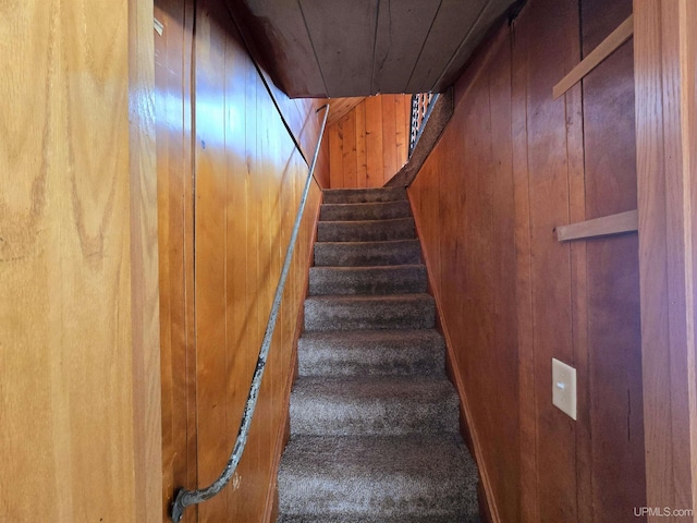 stairway featuring wood ceiling and wood walls