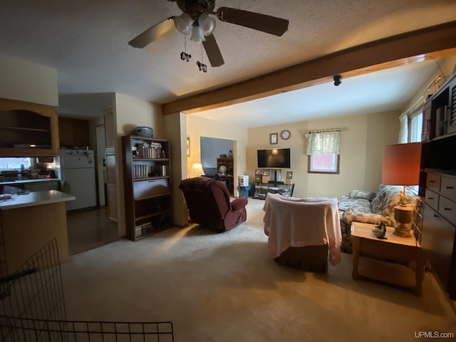 carpeted living room featuring beam ceiling, a textured ceiling, and ceiling fan