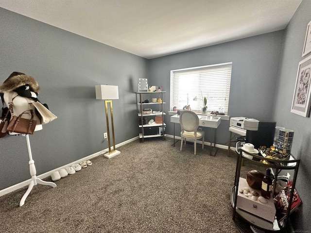 home office featuring baseboards and dark colored carpet