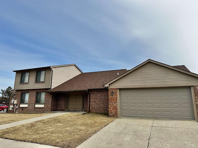 view of front of property featuring a garage, brick siding, roof with shingles, and concrete driveway