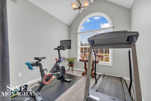 workout room featuring visible vents, baseboards, a notable chandelier, and vaulted ceiling