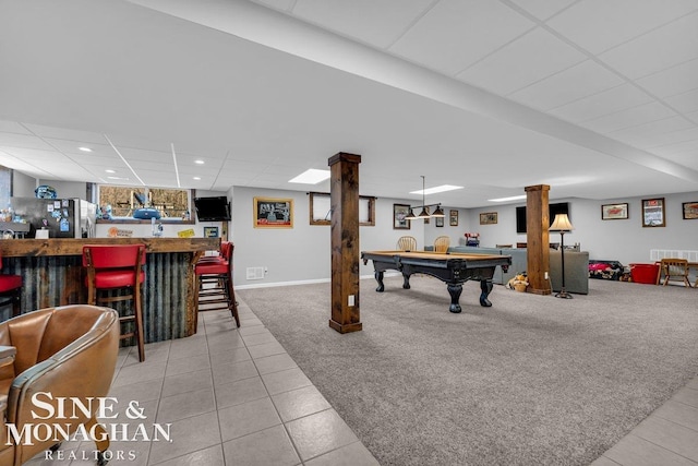 recreation room featuring carpet flooring, pool table, a bar, and a drop ceiling