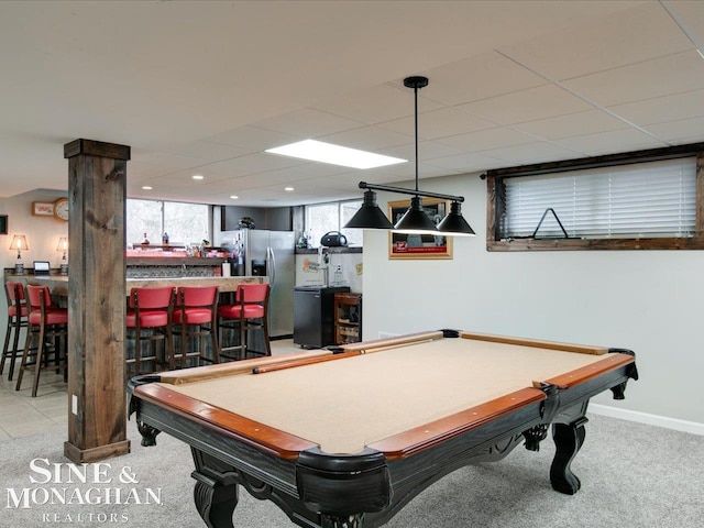 playroom featuring pool table, baseboards, carpet, a drop ceiling, and a dry bar