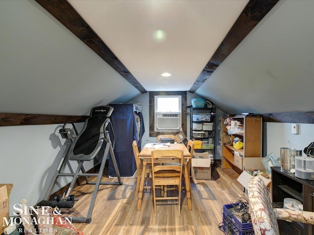 bonus room featuring cooling unit, wood finished floors, and vaulted ceiling with beams