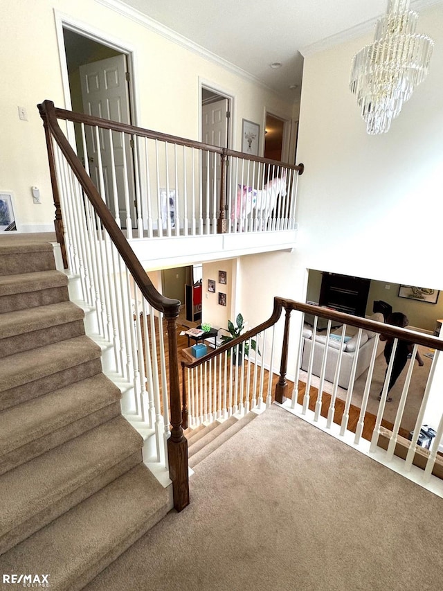 staircase featuring carpet flooring, a chandelier, and crown molding