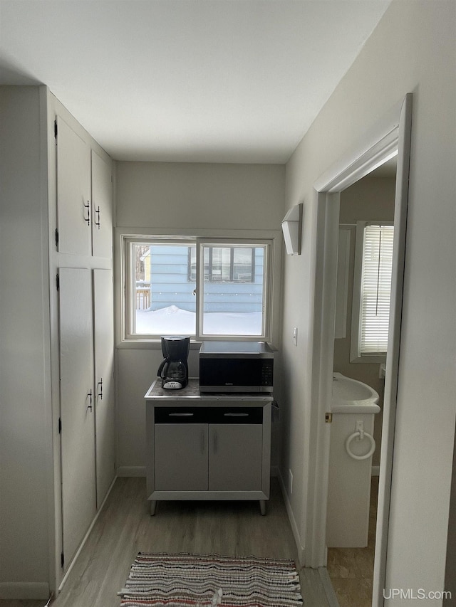 interior space featuring a wealth of natural light, baseboards, and wood finished floors