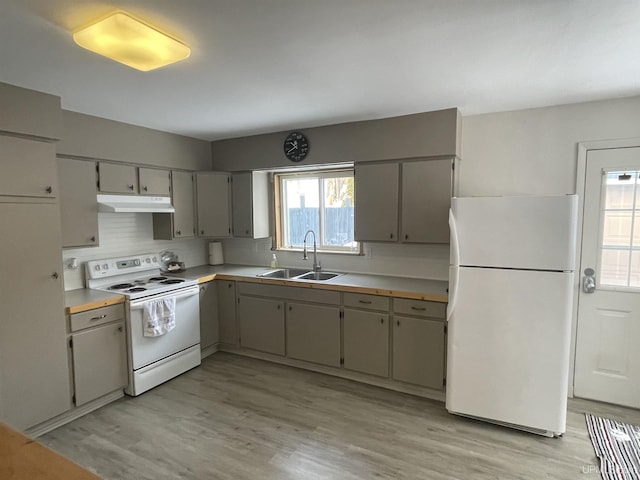 kitchen with white appliances, a sink, light wood-style floors, under cabinet range hood, and backsplash