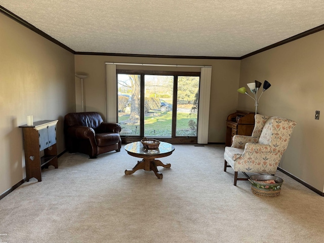 living room featuring crown molding, carpet, baseboards, and a textured ceiling