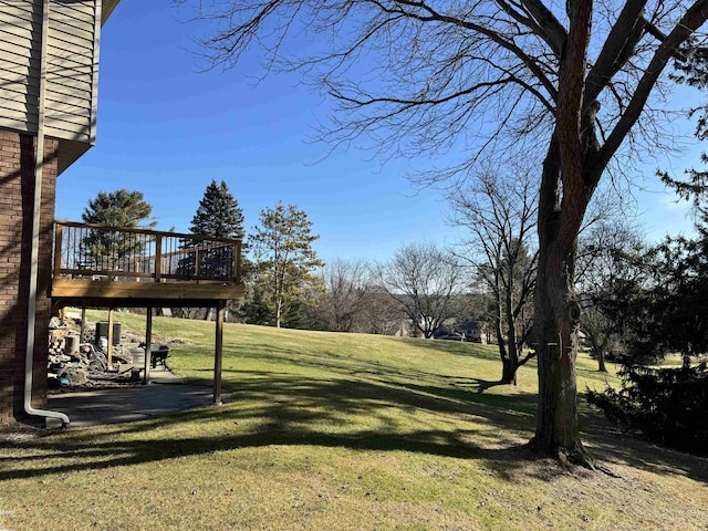 view of yard featuring a wooden deck and a patio