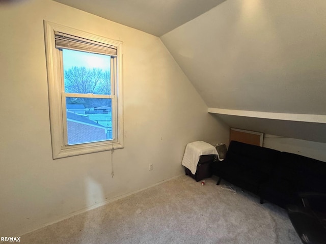 bedroom with lofted ceiling and carpet