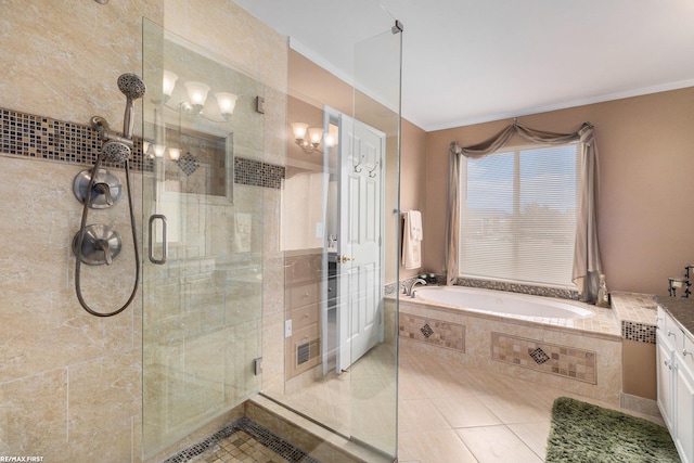 full bathroom with tile patterned floors, crown molding, a stall shower, a bath, and vanity