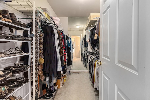 walk in closet with attic access and carpet