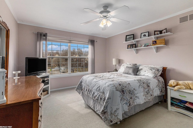 bedroom featuring visible vents, light carpet, crown molding, baseboards, and ceiling fan