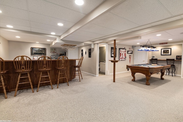 game room with a dry bar, recessed lighting, baseboards, and carpet floors