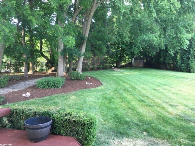 view of yard with a storage shed and an outdoor structure