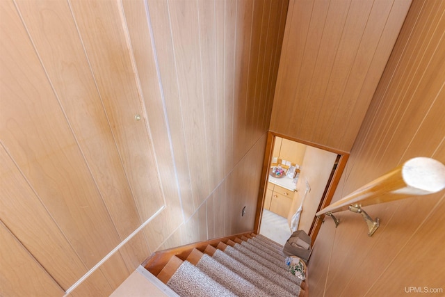 staircase with wooden walls