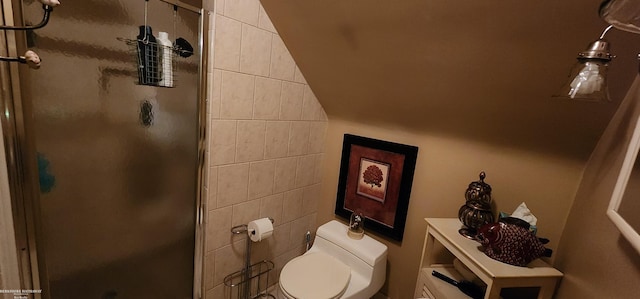 bathroom featuring toilet, tile walls, a shower stall, and vaulted ceiling