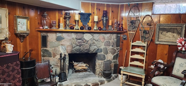 interior space with a stone fireplace and wooden walls