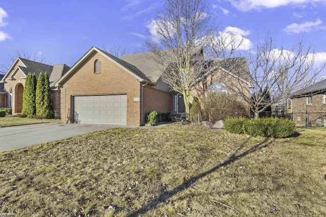 single story home featuring brick siding, concrete driveway, and a garage