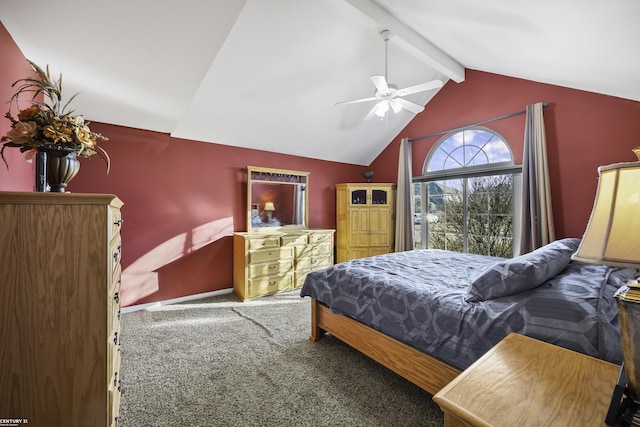 bedroom with ceiling fan, lofted ceiling with beams, and carpet