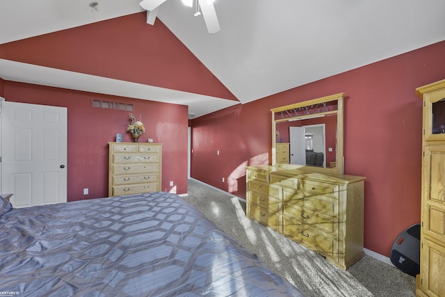 bedroom with a ceiling fan, visible vents, baseboards, high vaulted ceiling, and carpet flooring