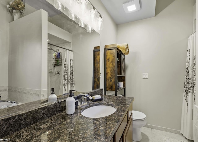 full bathroom featuring vanity, a bathing tub, tile patterned flooring, curtained shower, and toilet