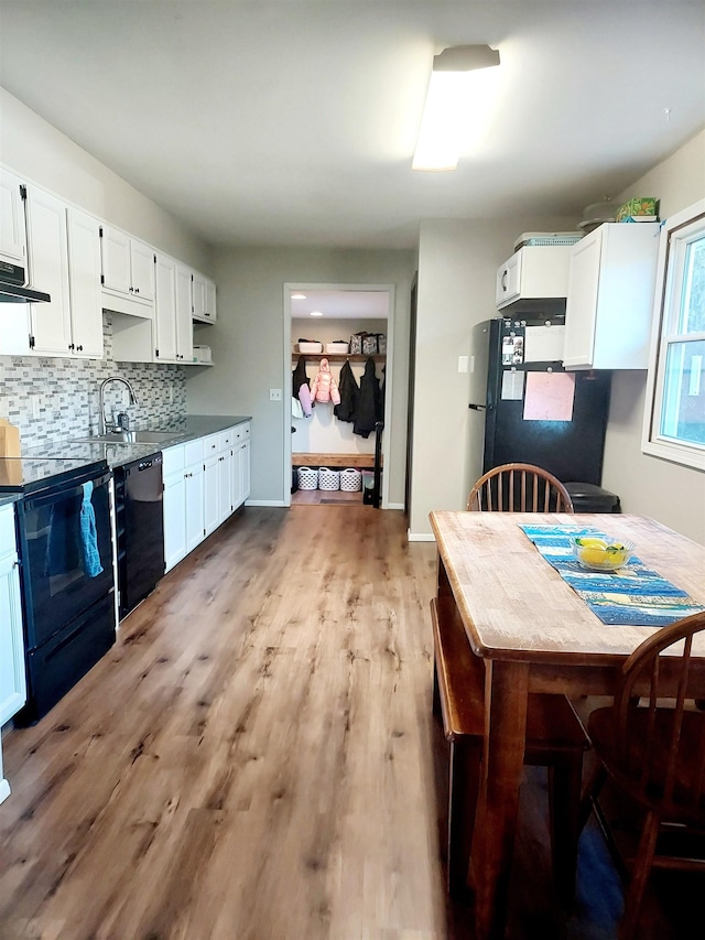 kitchen with light wood finished floors, tasteful backsplash, under cabinet range hood, black appliances, and a sink