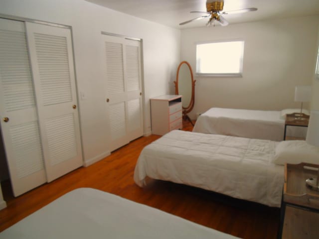 bedroom featuring multiple closets, wood finished floors, and a ceiling fan