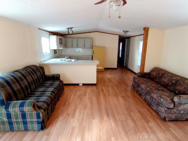 living area with light wood-type flooring, lofted ceiling, ceiling fan, and crown molding