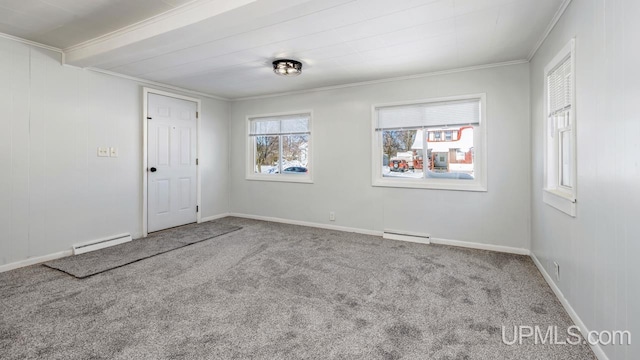 carpeted empty room with a baseboard radiator, baseboards, a baseboard heating unit, and crown molding