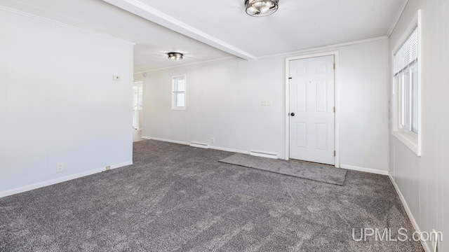 unfurnished room with ornamental molding, baseboards, carpet, and a baseboard radiator