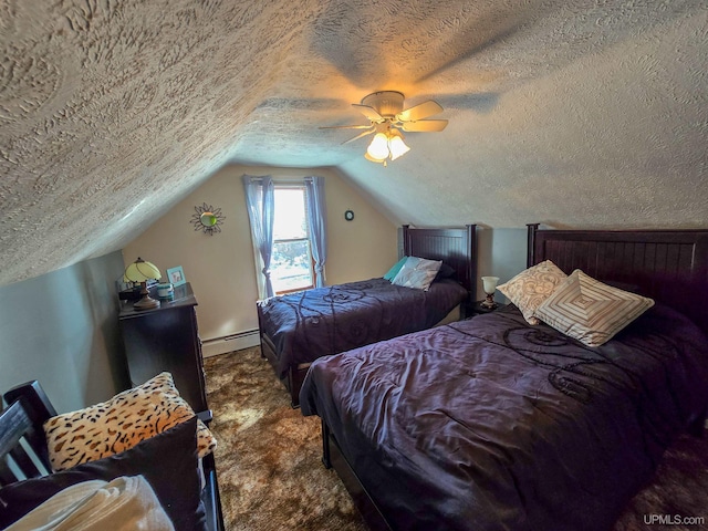 bedroom with a ceiling fan, carpet floors, vaulted ceiling, a textured ceiling, and a baseboard heating unit