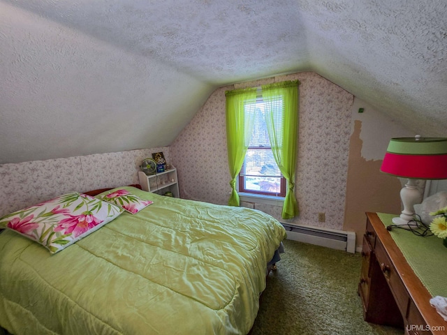 bedroom featuring wallpapered walls, carpet, baseboard heating, and a textured ceiling