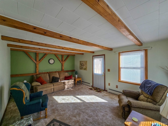 carpeted living room featuring beam ceiling and a baseboard heating unit