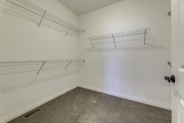 walk in closet featuring visible vents and dark colored carpet