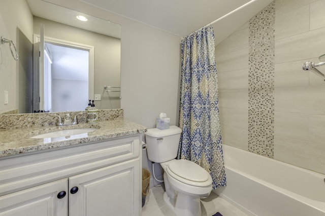 bathroom featuring toilet, vanity, and shower / bathtub combination with curtain