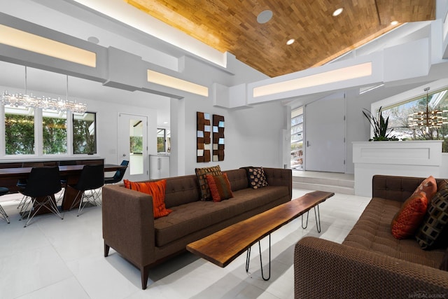 living room with recessed lighting, a notable chandelier, high vaulted ceiling, and wood ceiling