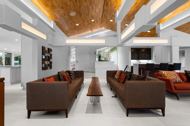 living room featuring light tile patterned floors, recessed lighting, wooden ceiling, and high vaulted ceiling