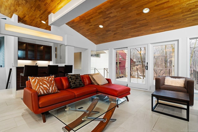 living room with high vaulted ceiling, recessed lighting, and wood ceiling