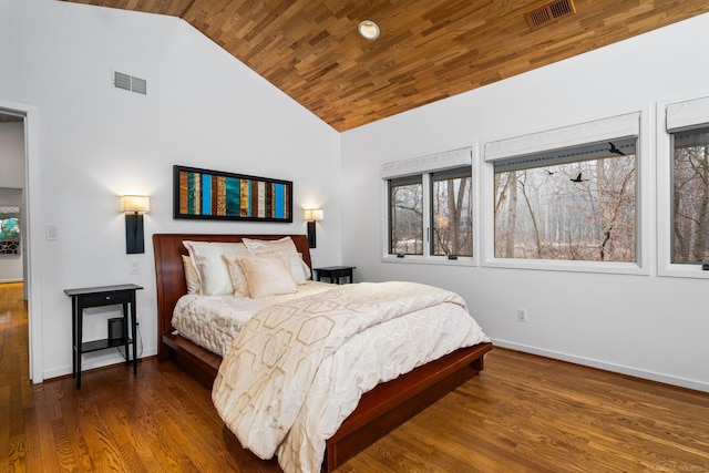 bedroom featuring wood ceiling, wood finished floors, visible vents, and baseboards