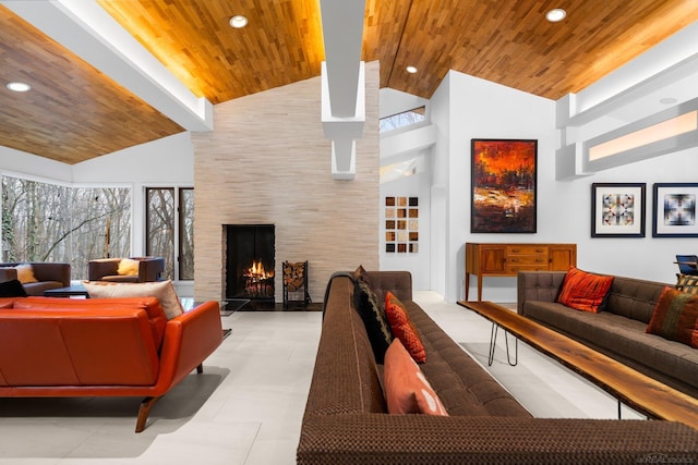 sunken living room featuring recessed lighting, a large fireplace, high vaulted ceiling, and wood ceiling