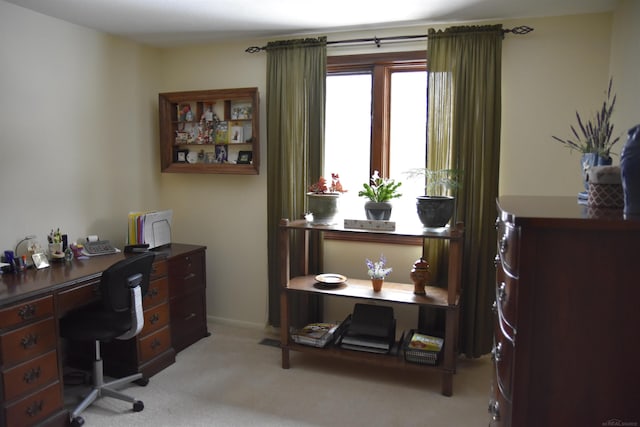 office area featuring light carpet