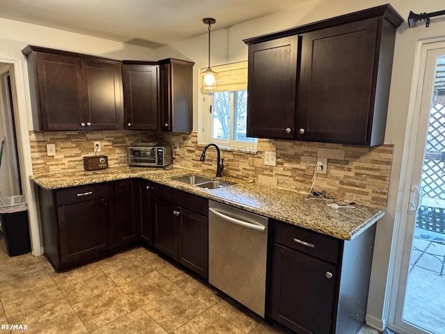 kitchen with dark brown cabinetry, a sink, tasteful backsplash, and stainless steel dishwasher